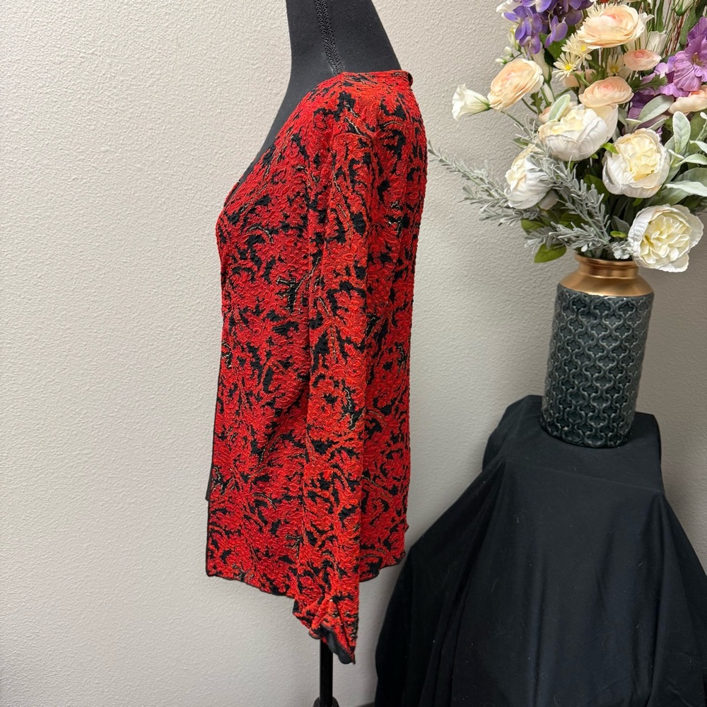 Brittany Black Red Black Floral Tie Front Ring Accent Cardigan Top Medium - Picture 3 of 8